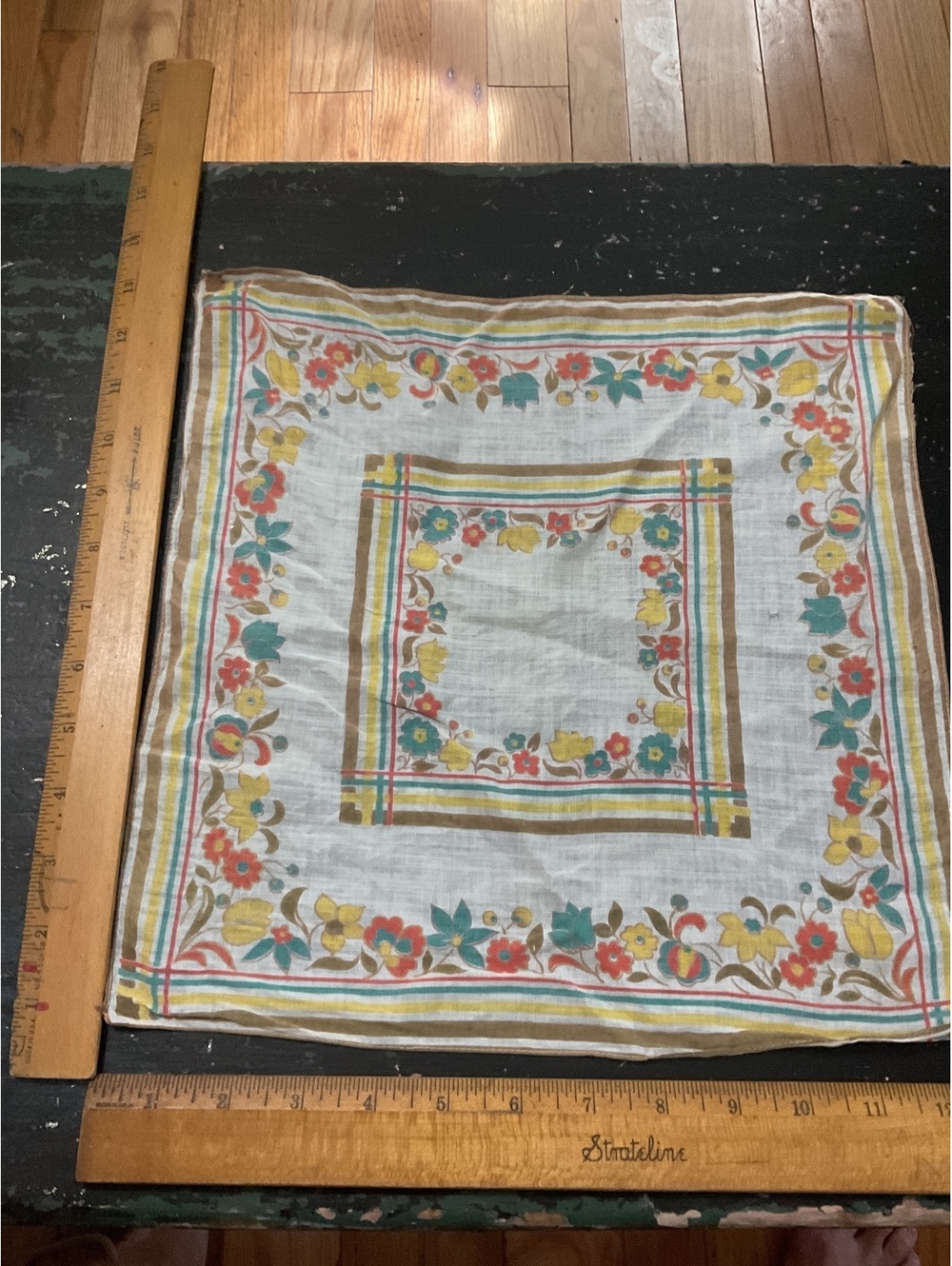 Vintage Floral Cotton Handkerchief with Yellow, Red, and Green Flowers